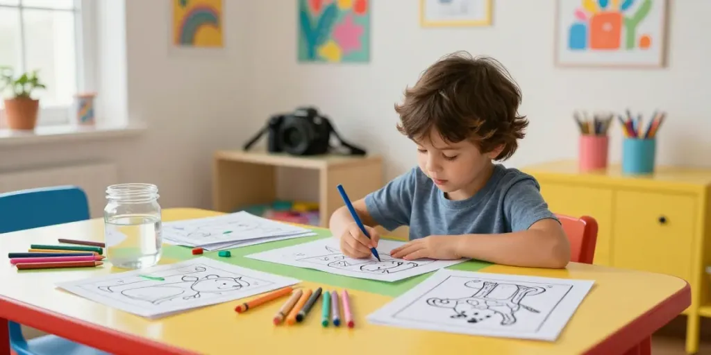 Child coloring with sheets from freecoloringsheets.net in a vibrant home studio.