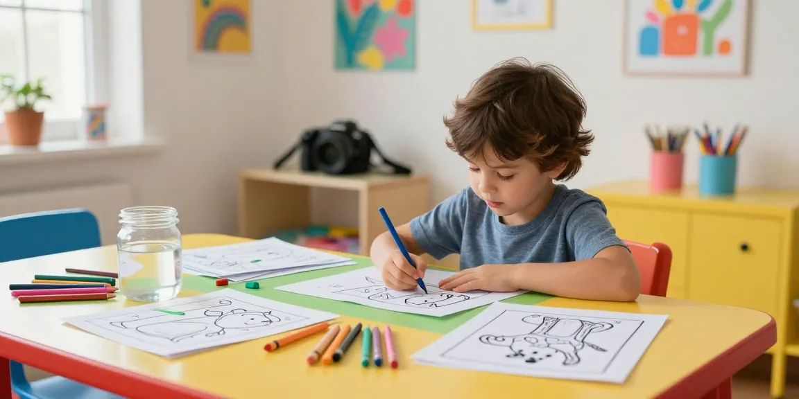 Child coloring with sheets from freecoloringsheets.net in a vibrant home studio.