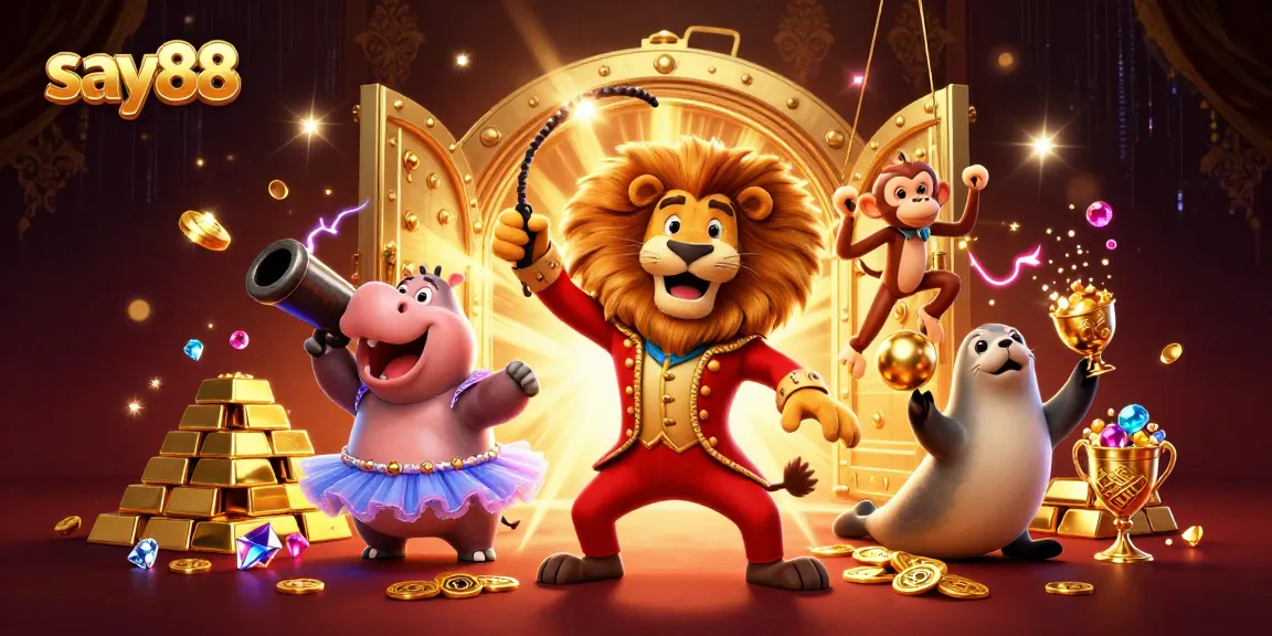 Experience thrilling gameplay at say88 with a dynamic circus-themed casino illustration featuring vibrant characters and casino elements.