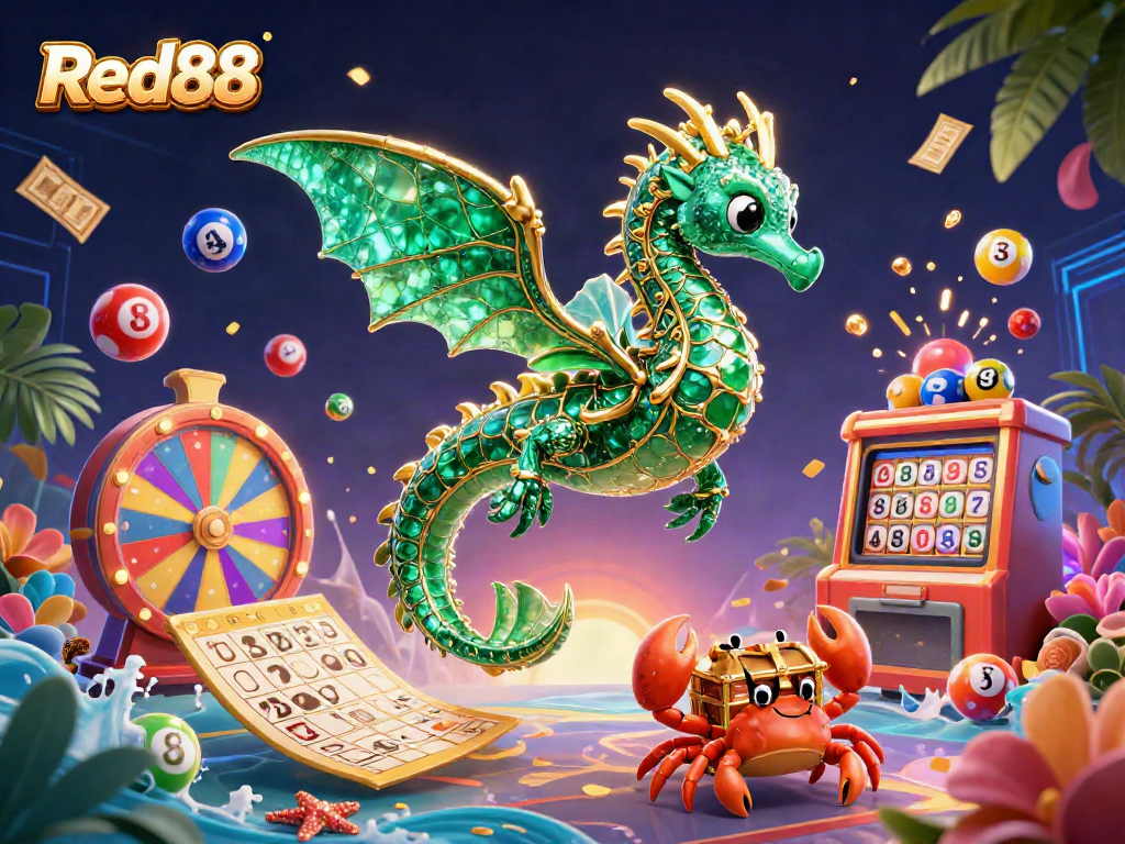 Engage in thrilling gameplay at Red88 with dynamic lottery balls and an enchanting sea dragon illustration.