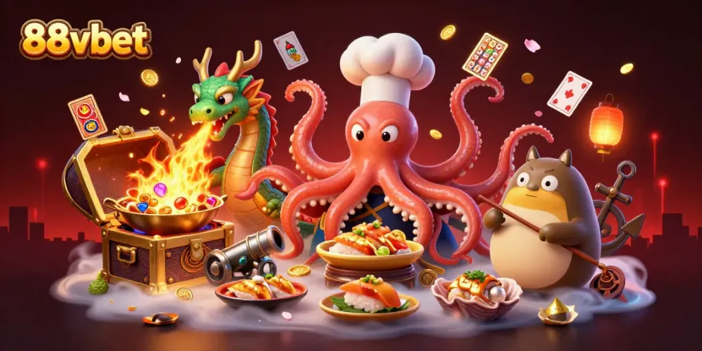 Engage in thrilling bets with 88vbet featuring a lively octopus chef and dragon companion.