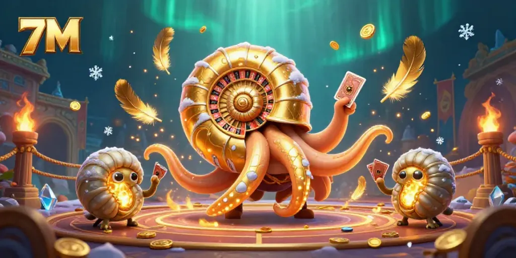 Engage with 7M fun, featuring a giant nautilus wheel and glowing ammonite companions amid dynamic gambling elements.