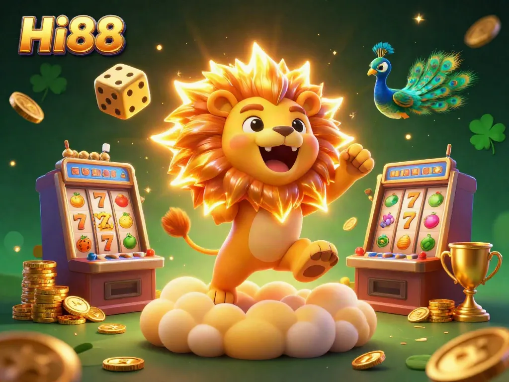 Experience thrilling jackpots at Hi88 with a vibrant 3D scene of winning slot game elements and characters.