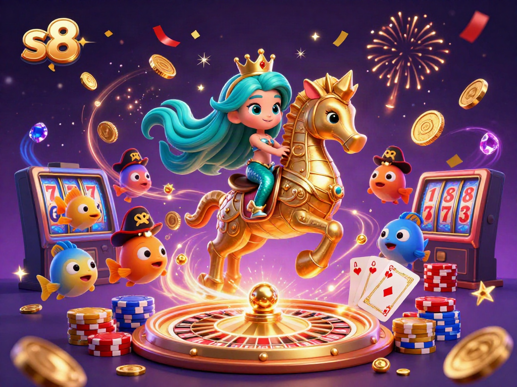 Spin and win with S8's vibrant casino scene featuring a mermaid princess and gold coins flying.