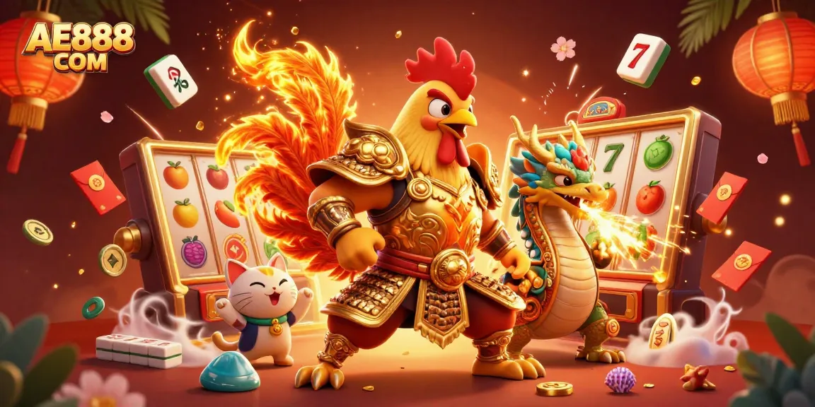 Engage in vibrant slot action with AE888 COM's 3D cartoon warriors and casino elements.