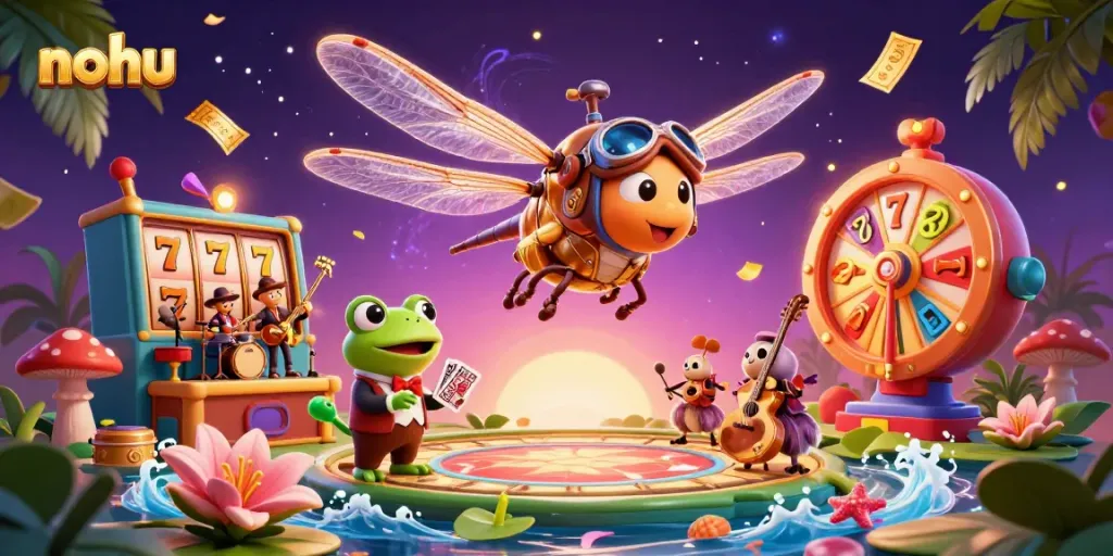 Engage in jackpot excitement with nohu at a vibrant lily pad casino, featuring a dragonfly pilot and frog croupier.
