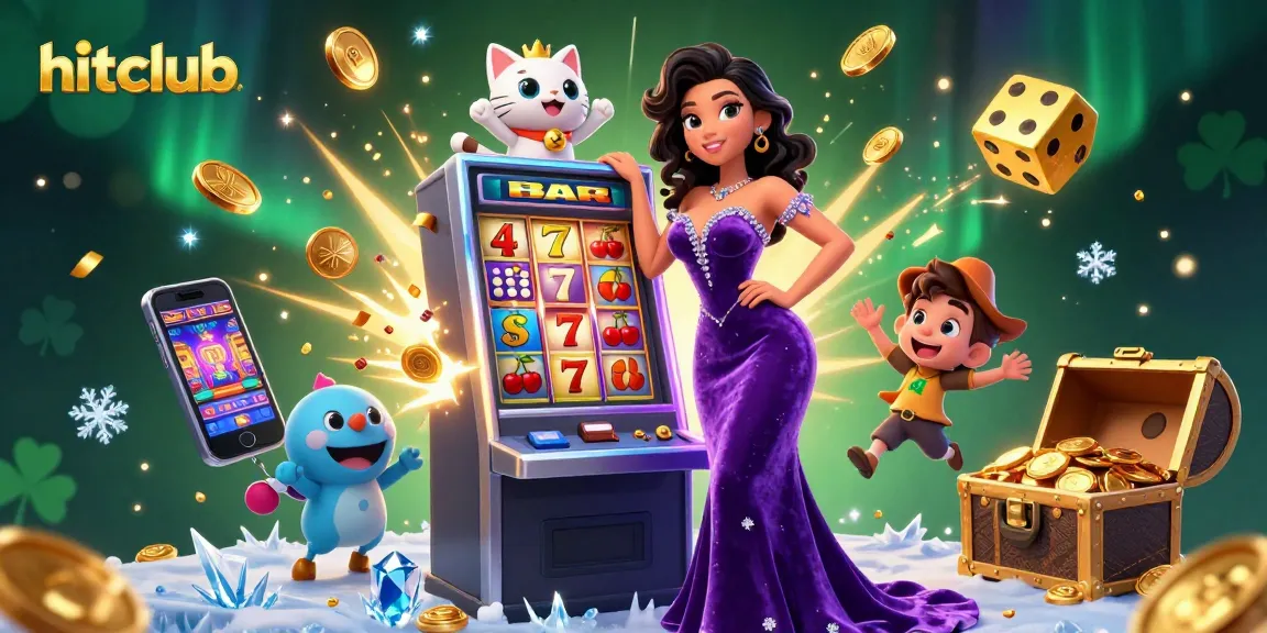 Win jackpots at hitclub with a glamorous lady celebrating near a slot machine, coins erupting.
