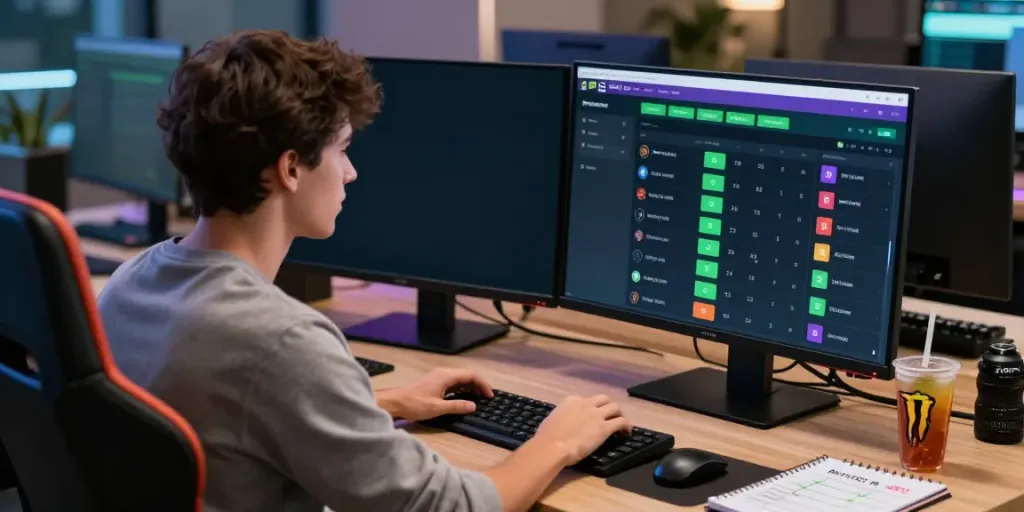 Engaged user placing bets on Taruhan Bola DewaGG platform with dual monitors displaying live betting odds.