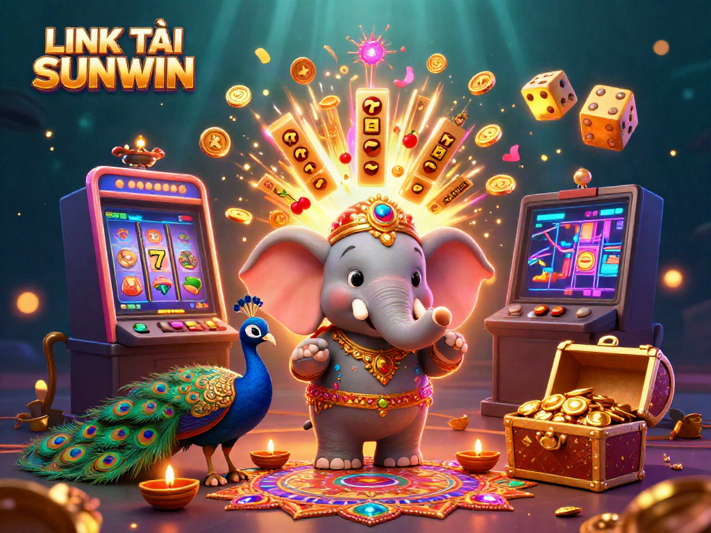 Engage in thrilling gaming with LINK TẢI SUNWIN featuring vibrant characters and casino elements in an energetic scene.