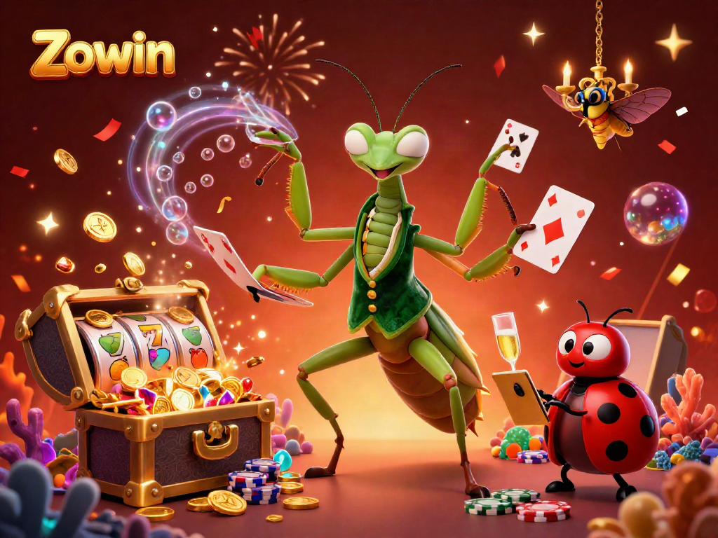 Zowin-themed illustration featuring a giant praying mantis card sharp and ladybug pit boss in an exciting casino atmosphere.