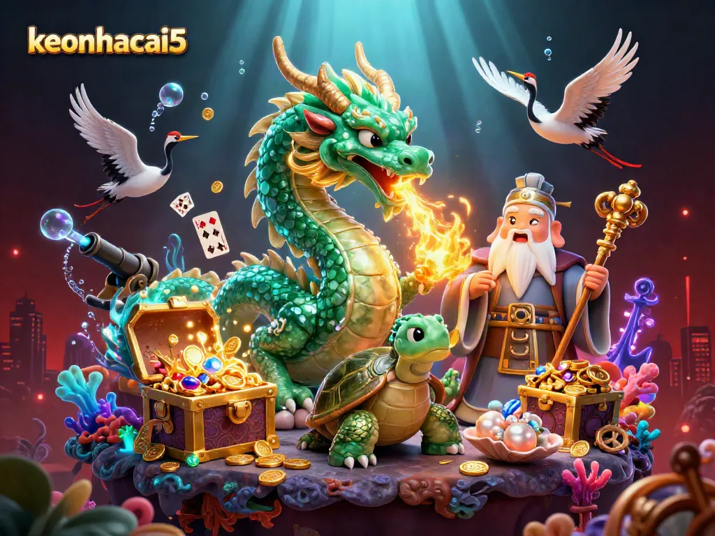 Engage with keonhacai5: 3D scene of a dragon, turtle sage, and lucky cranes in a vibrant casino setting.