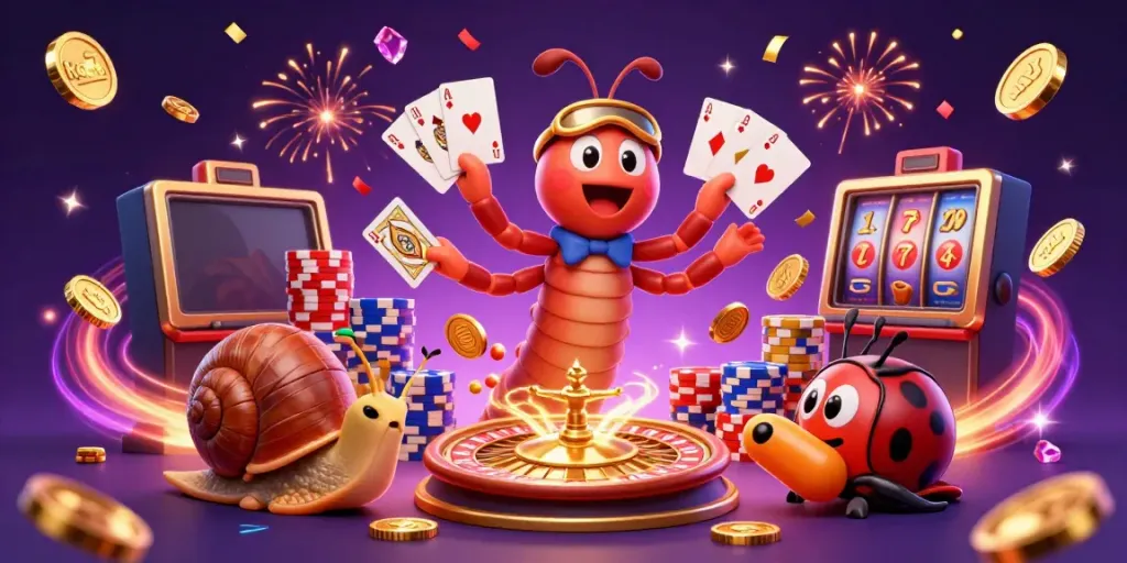 Experience thrilling casino action with ko66a featuring a vibrant 3D scene of a millipede dealer, picturesque chips, and festive coins.