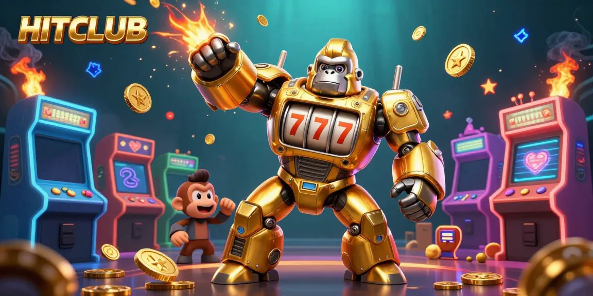 Experience HITCLUB's gaming magic with an explosive 3D illustration of a golden gorilla mech surrounded by arcade elements.