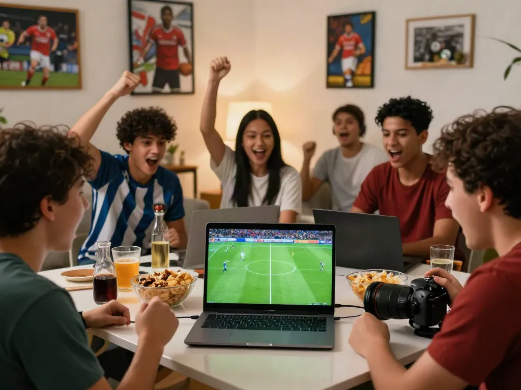 Excited fans watching Thapcamtv livestream of a football match in a cozy living room.