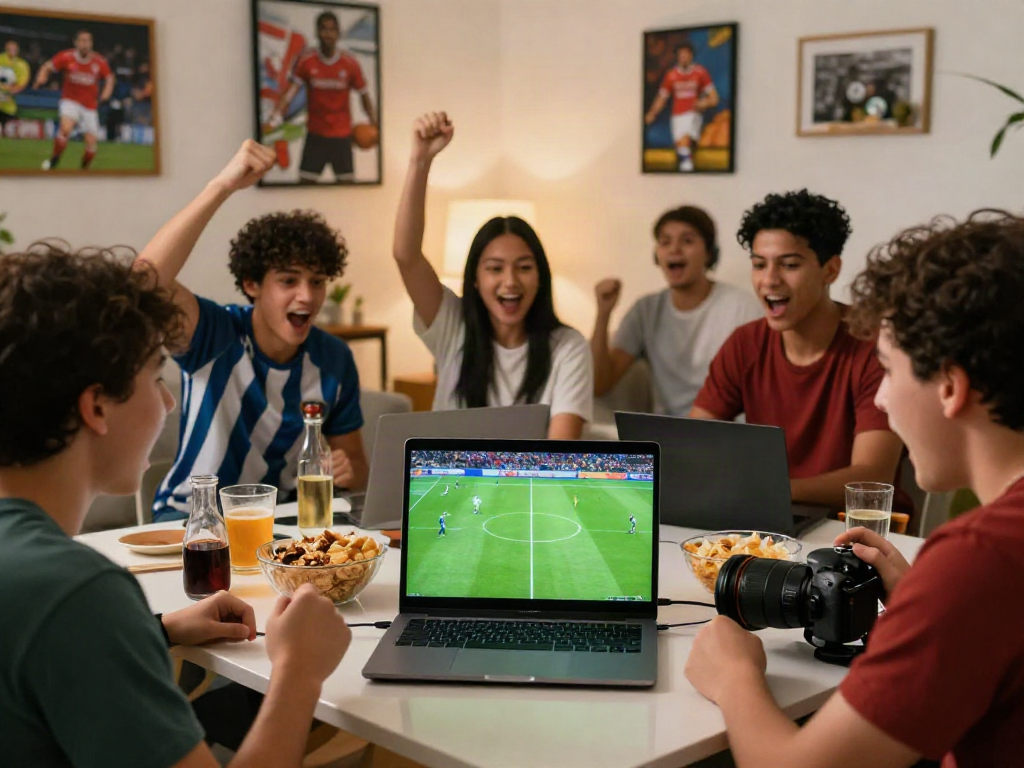 Excited fans watching Thapcamtv livestream of a football match in a cozy living room.