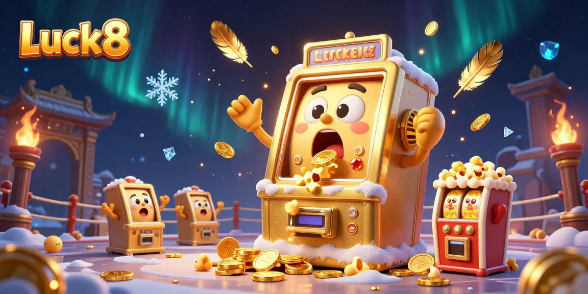 Luck8 slot machine hitting a jackpot, coins pouring out, energized atmosphere with cheering baby slots.