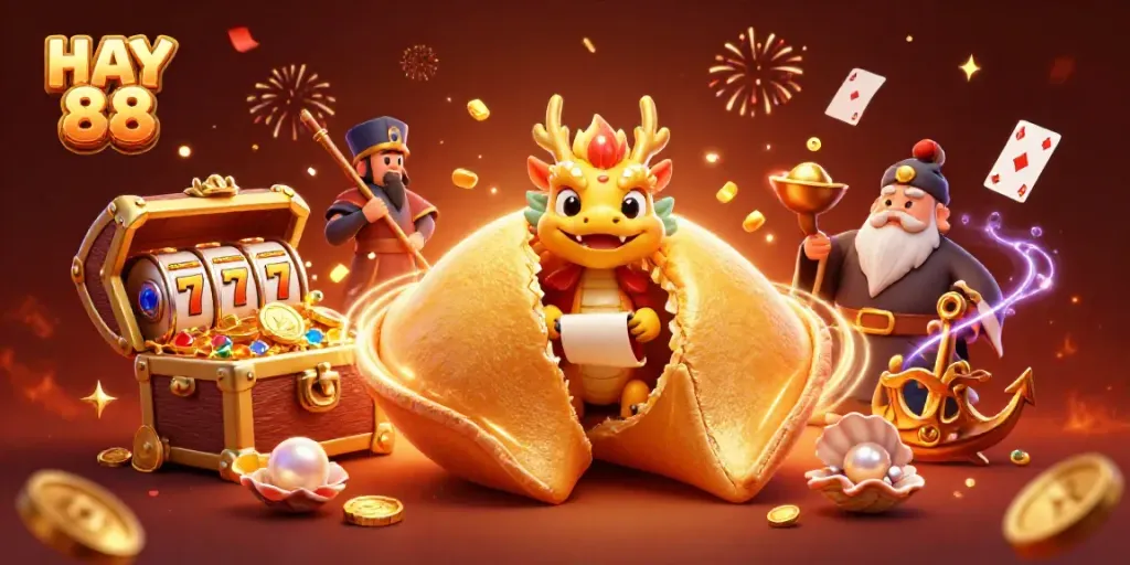Experience winning at HAY 88 with a dynamic casino scene featuring golden treasures and vibrant characters.
