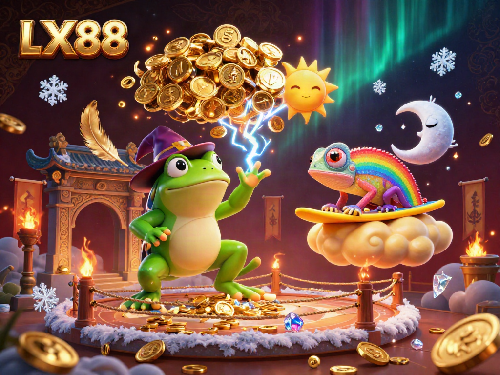 Experience the magic of LX88 as a weather wizard frog conjures golden coins amidst a vibrant casino scene.
