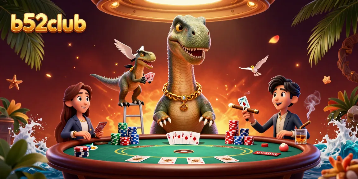 Experience thrilling gameplay with b52club as a brontosaurus and clever raptor deal cards at a lively poker table.