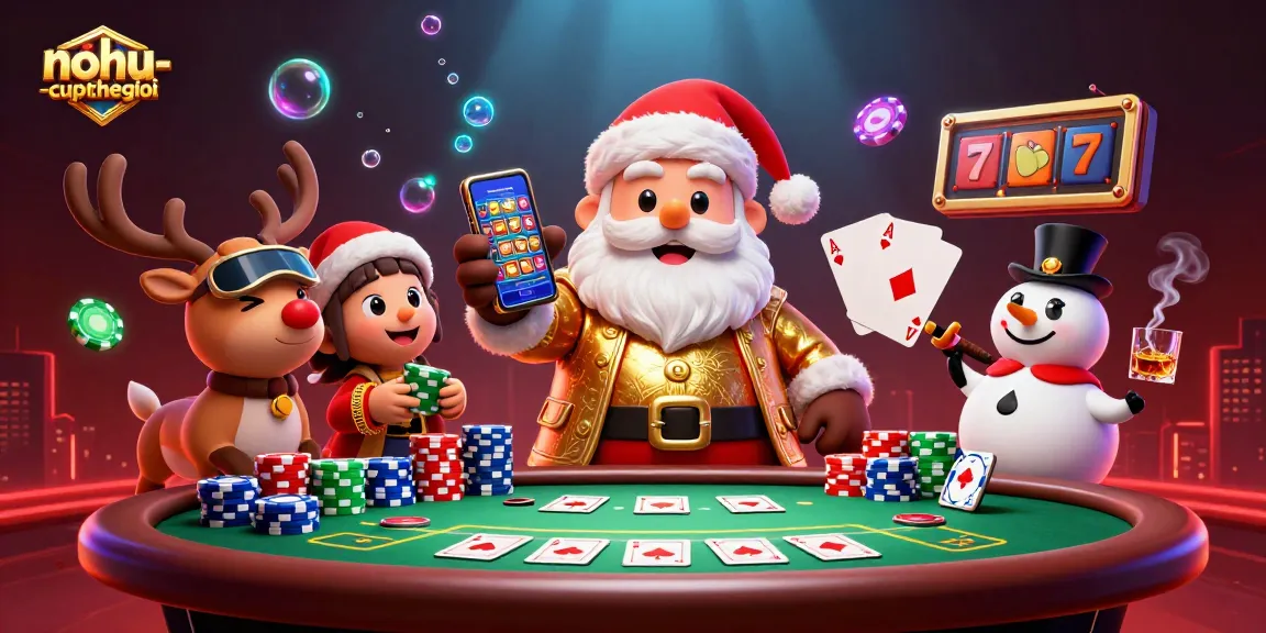 Nohu-cupthegioi showcases a festive casino scene with Santa Claus, a reindeer, and a snowman, featuring dynamic gaming elements.