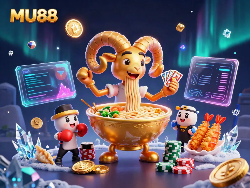 Experience the excitement of MU88 with a vibrant casino scene featuring animated characters and cryptocurrencies.