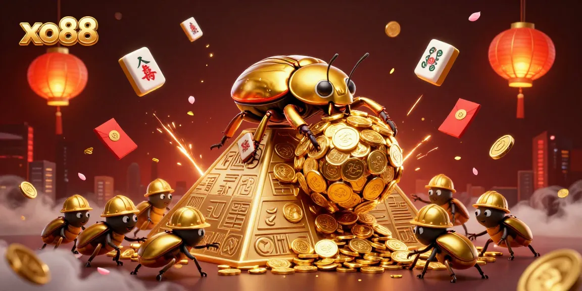 Engage with xo88 to witness a golden beetle navigating a pyramid of coins in this vibrant casino illustration.