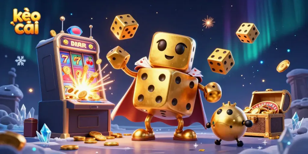 Experience kèo nhà cái excitement with golden dice golem and jackpot thrills in a vibrant 3D illustration.