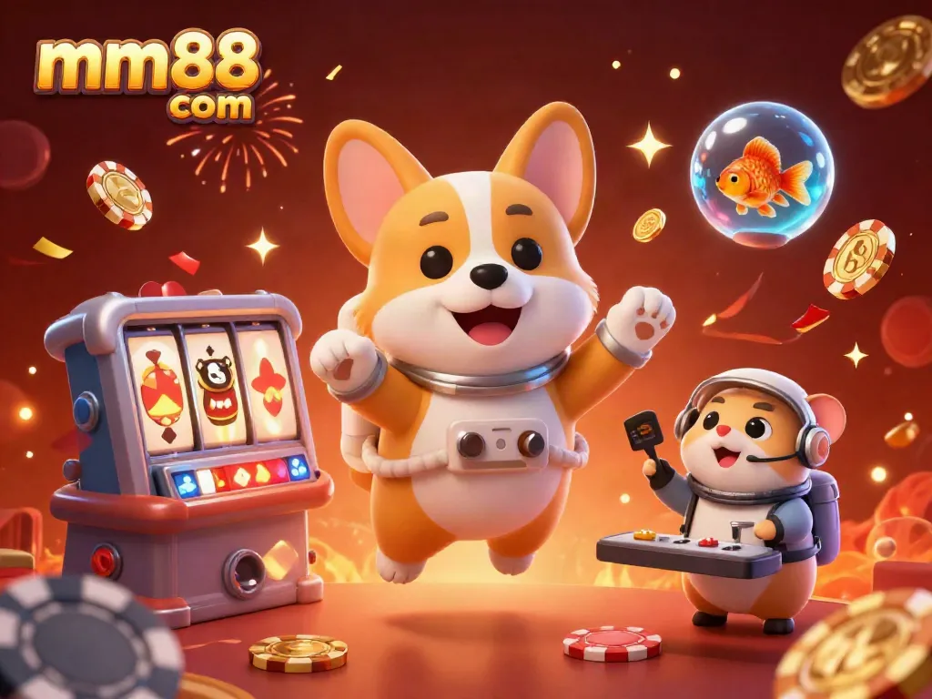 Experience excitement at mm88 com with a floating corgi and vibrant casino elements in space.