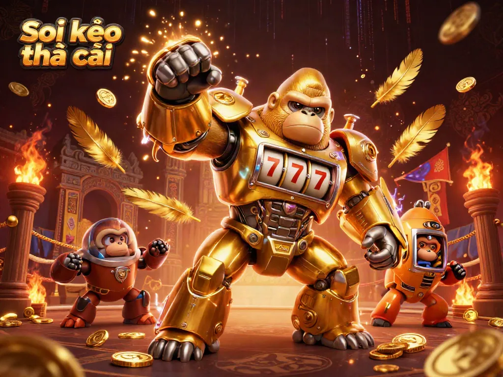 Experience the thrill of Soi kèo nhà cái with an action-packed scene featuring a golden gorilla mech and dynamic casino elements.
