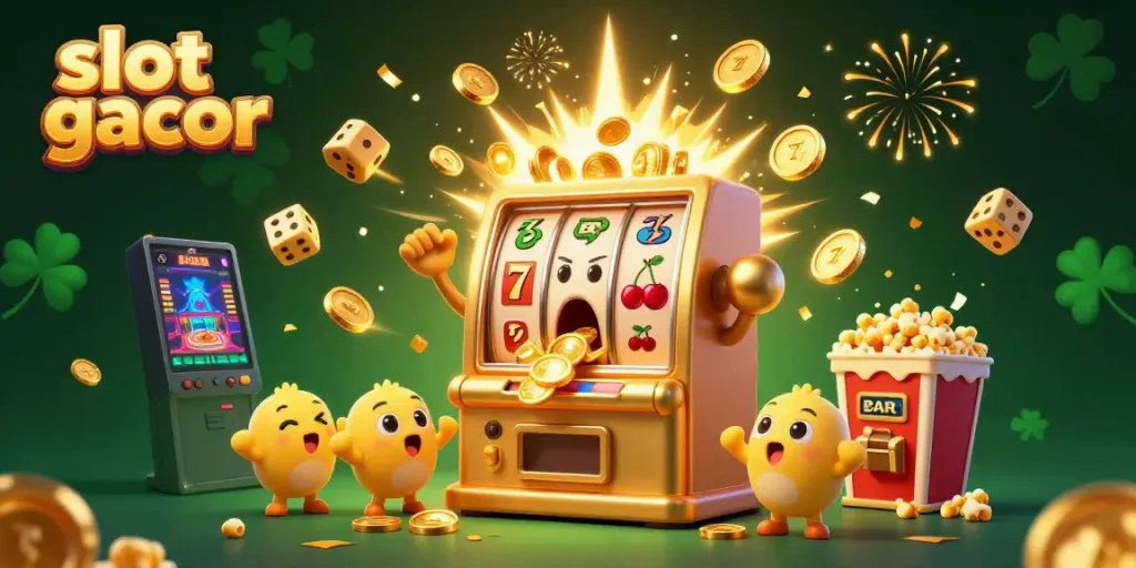 Experience the excitement of slot gacor as golden coins erupt from a winning slot machine.