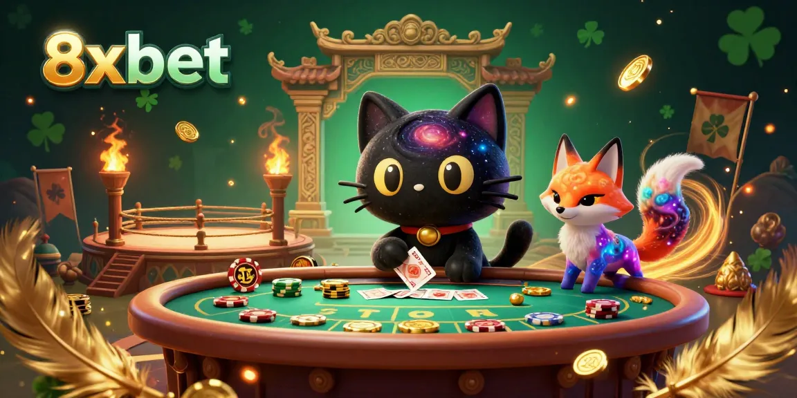 Experience thrilling gameplay at 8xbet's cosmic casino featuring dynamic elements like gold chips and a black hole cat.