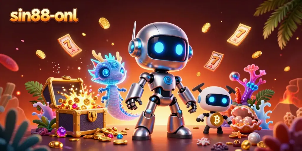 Win big at sin88-onl with vibrant 3D casino characters amidst treasures and slot reels.