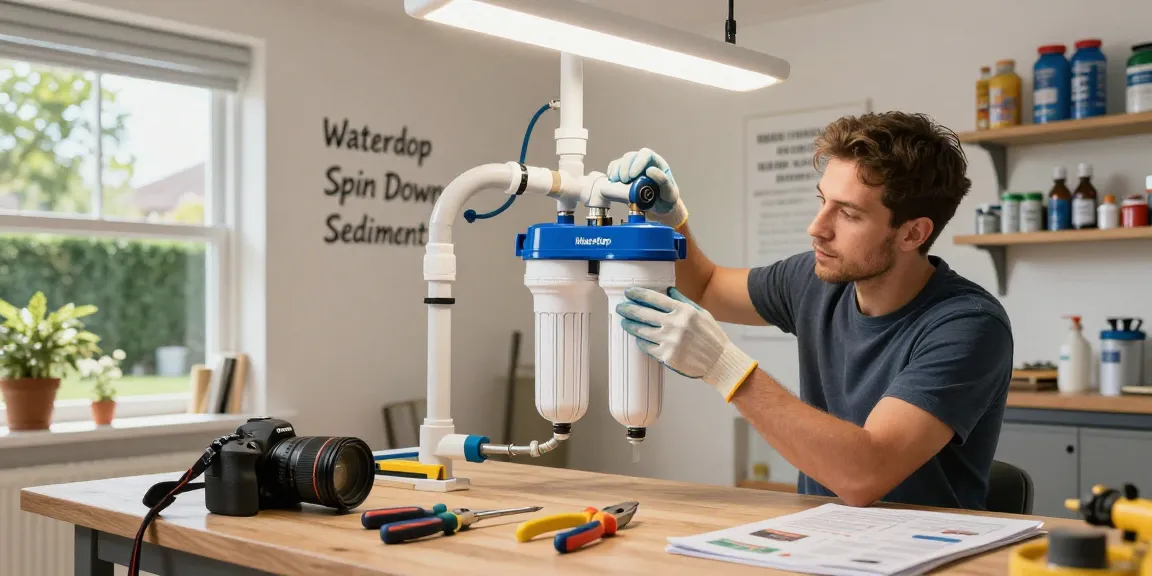 Installing Waterdrop Spin Down Sediment Filter Bracket in a bright DIY workspace with tools and water pipes visible.