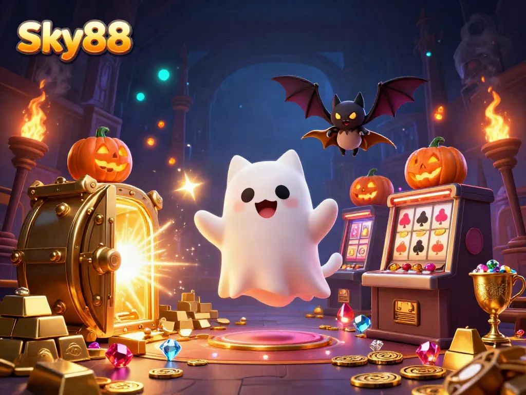Sky88 features a lively ghost cat and vampire bat in a dynamic casino adventure.