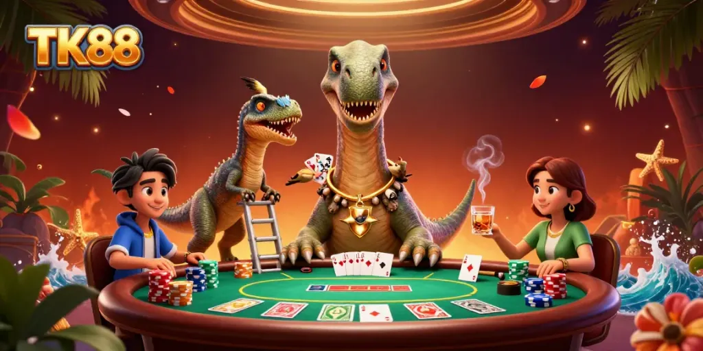 Experience the thrill of TK88 with engaging characters at a lively poker table amid a vibrant casino.