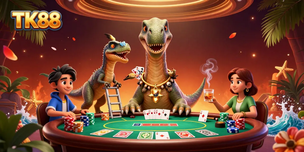 Experience the thrill of TK88 with engaging characters at a lively poker table amid a vibrant casino.
