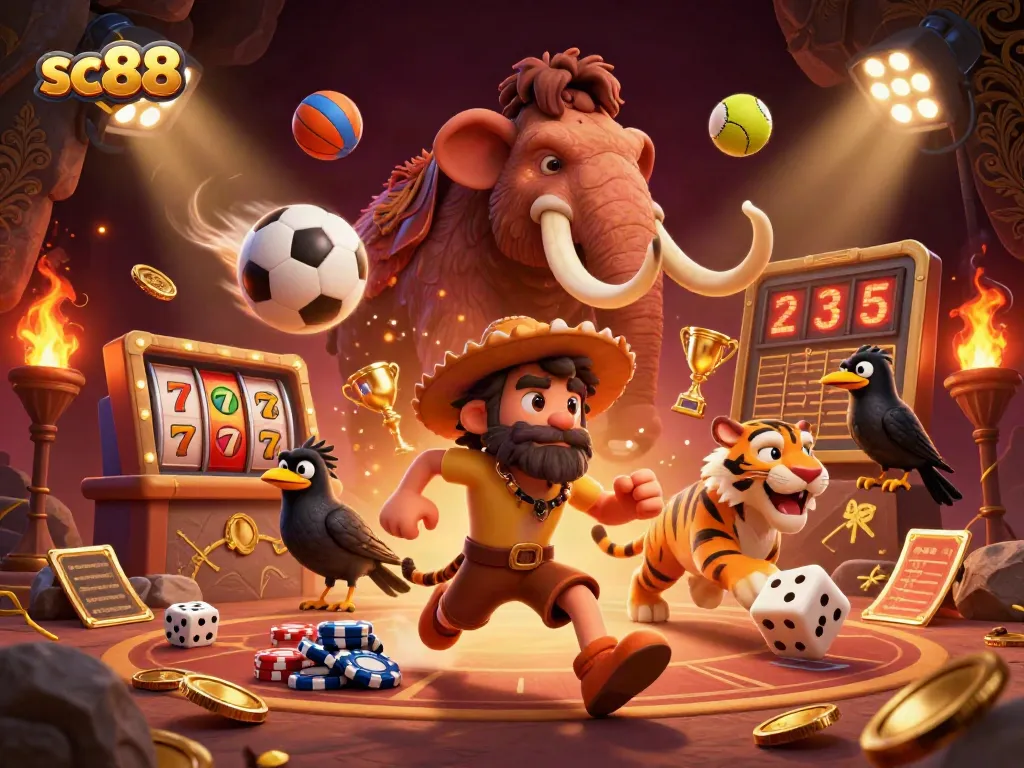 Bet big with sc88 at the prehistoric casino, featuring vibrant slots, sports, and engaging characters.