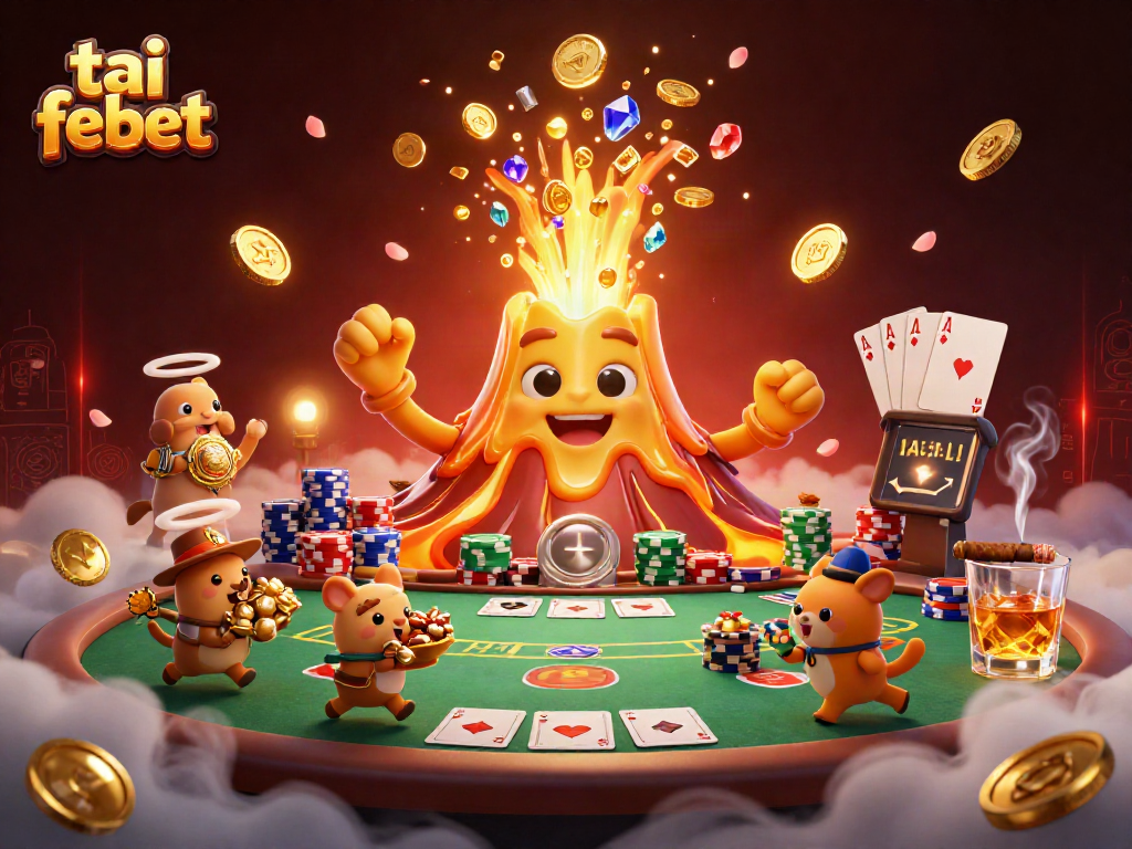 Experience the thrill of tai febet with a cartoon volcano erupting treasure in a vibrant casino scene.