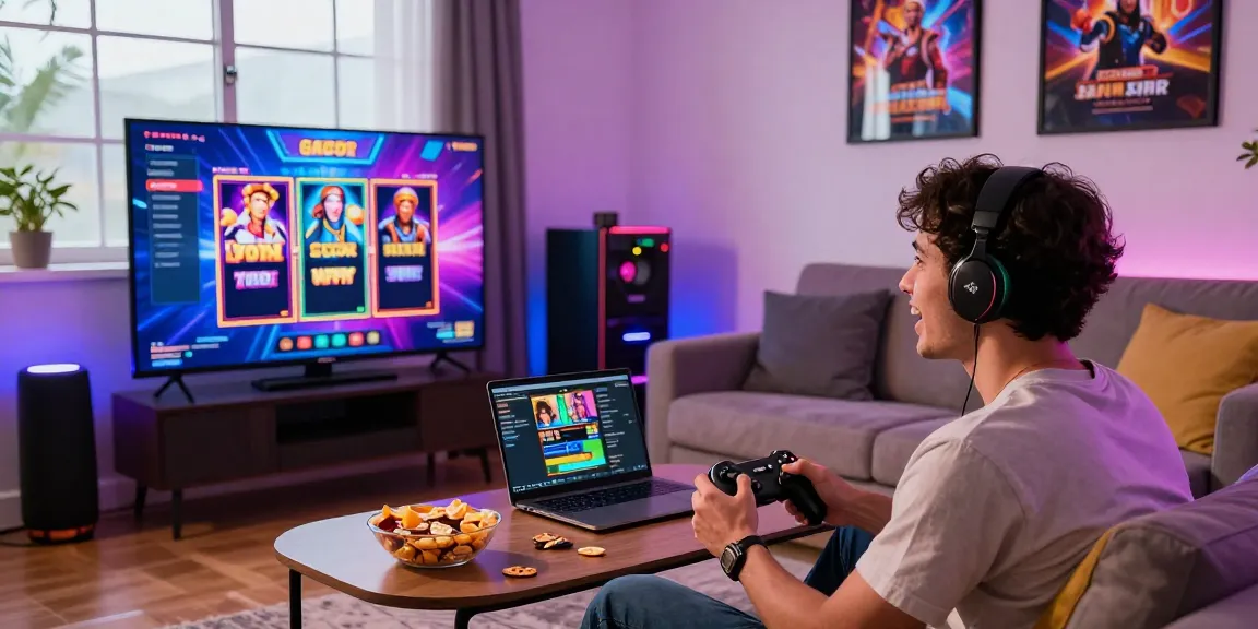 Dynamic gaming atmosphere showcasing a player enjoying slot gacor with vibrant visuals and cozy setting
