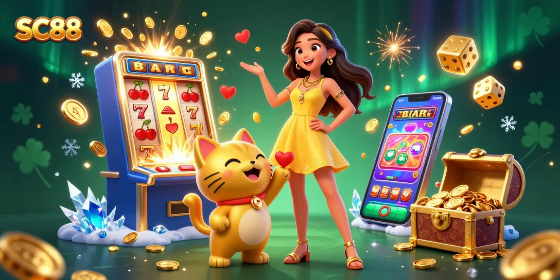 Spin and win at SC88 with a cheerful woman and a lucky cat amidst gold coins and explosive jackpots.