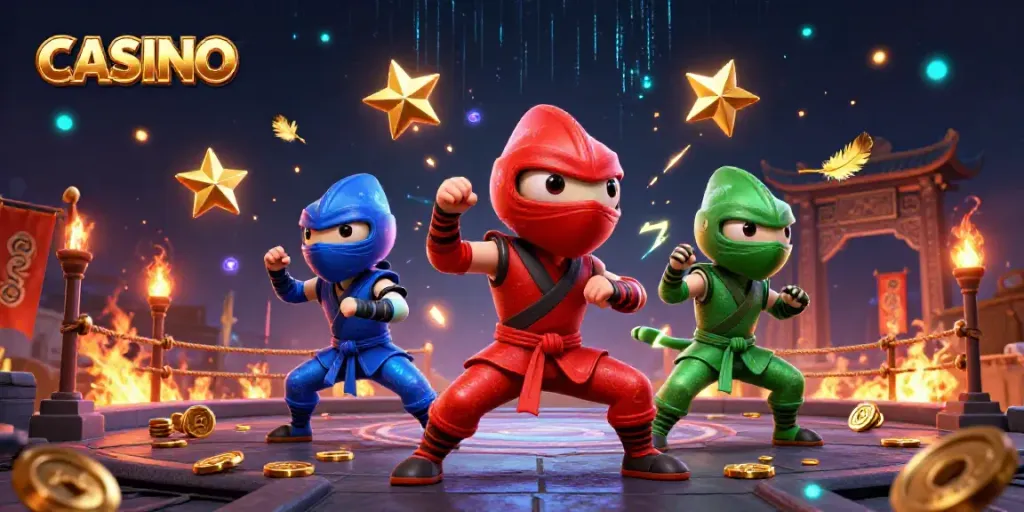 Casino scene featuring cartoon ninja chameleons performing martial arts amid golden coins and feathers.