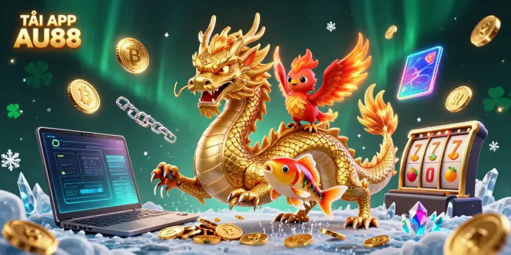 TẢI APP AU88 with a golden dragon, phoenix, koi fish, and vibrant slot symbols in a dynamic casino theme.