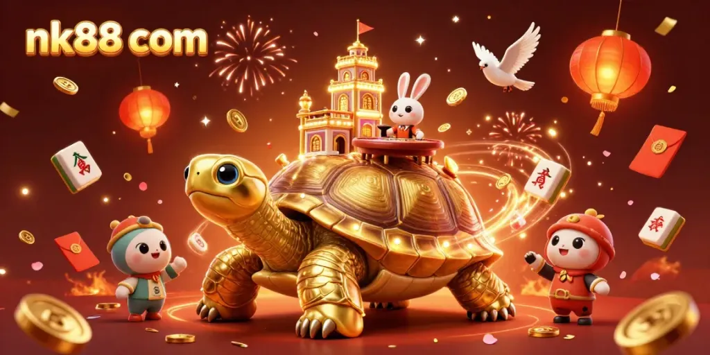Experience the dynamic entertainment of nk88 com with a lively casino scene featuring a golden tortoise and various games.