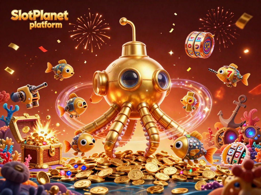 Experience thrilling wins with the SlotPlanet platform, amidst a lively casino-themed 3D illustration.