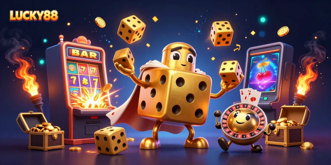 LUCKY88 showcases a vibrant 3D casino scene with golden dice and slot machine bursting with jackpots.