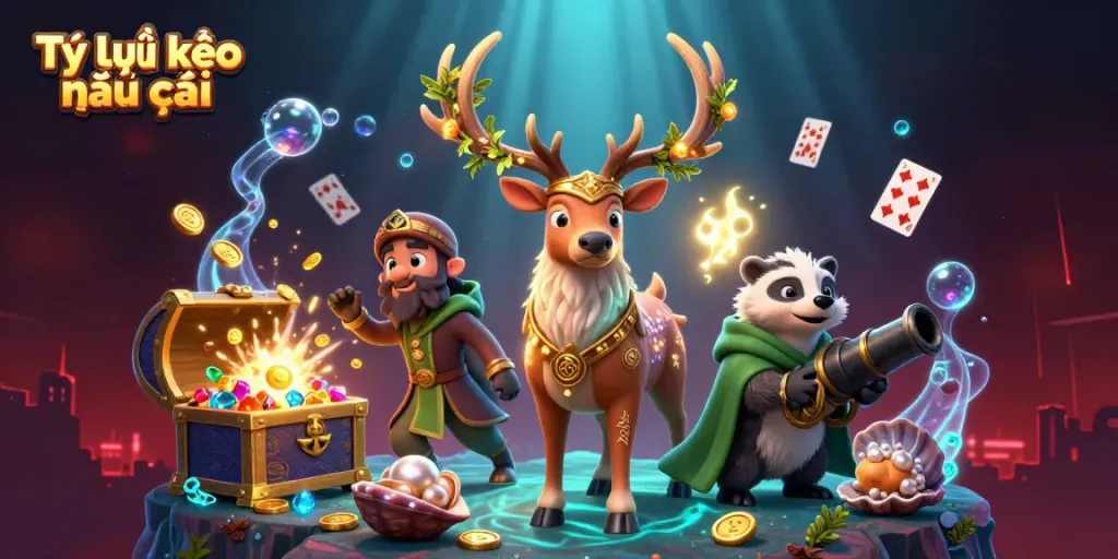 Engage with Tỷ lệ kèo nhà cái through a vibrant, ultra-detailed fantasy scene filled with casino treasures.