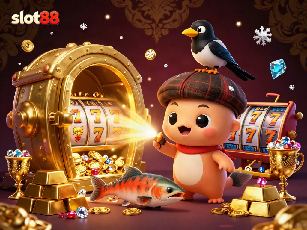 Experience the excitement of slot88 with Nessie and friends amidst vibrant casino elements.
