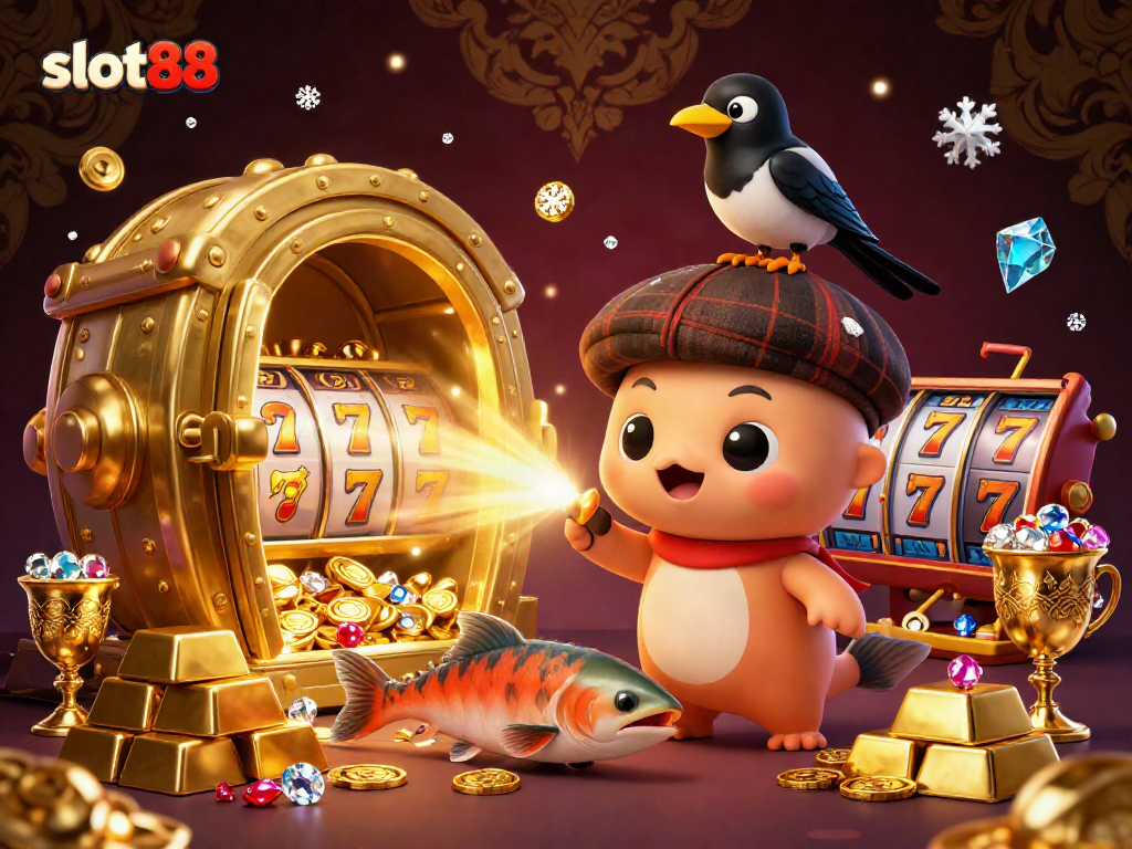 Experience the excitement of slot88 with Nessie and friends amidst vibrant casino elements.