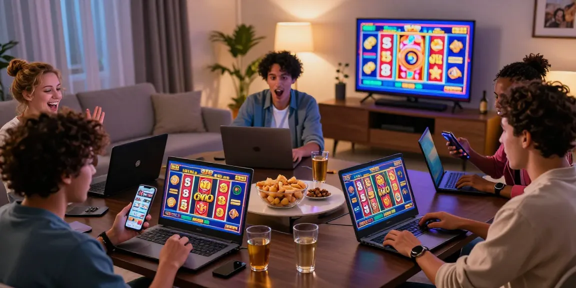 Engaging gaming scene with players enjoying slot7000 online slots on multiple devices in a cozy living room.