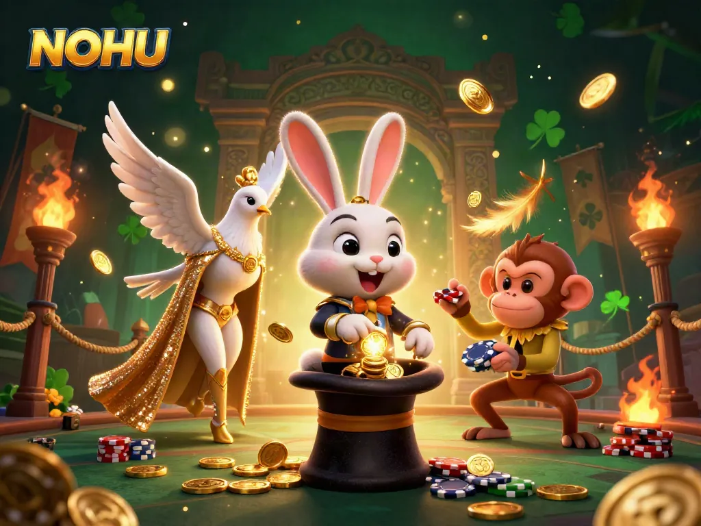 NOHU brings luck as a magician rabbit pulls golden coins at a vibrant casino scene.